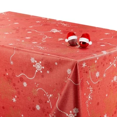 Afbeelding van Grote rode kerst PVC veeg schoon tafelkleed rechthoekig 300 x 140 cm tot 10 zitplaatsen Xmas feestelijke reliëf gouden sneeuwvlokken, dik afwasbaar vinyl plastic waterdicht