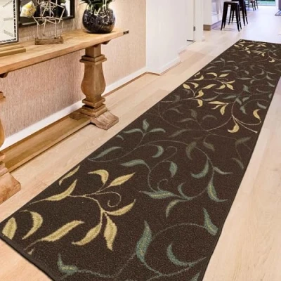 Afbeelding van Machine wasbaar bladeren ontwerp antislip rubberback 3 x 10 traditioneel tapijt voor gang, keuken, slaapkamer, woonkamer, 2 9 cm, bruin