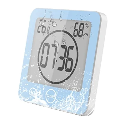 Afbeelding van VORRINC Klok voor badkamer, waterdicht, aanraakbediening, C/F, luchtvochtigheid, temperatuur, lcd display, badkamerklok met zuignap, countdown timer, douche, keuken, blauw