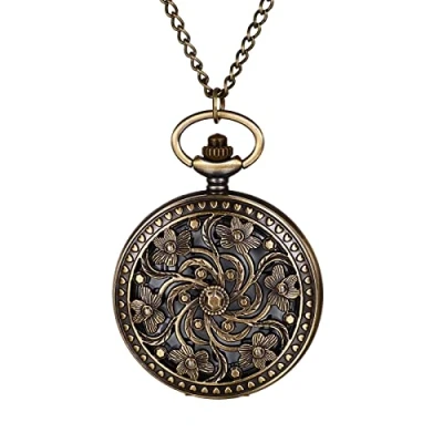 Afbeelding van JewelryWe Zakhorloge kwarts wijzerplaat nummer met halsketting van legering design bloem kleur naar keuze, Brons B