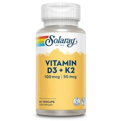 Afbeelding van Solaray Vitamine D3 + K2 bevordert de opname van calcium en ondersteunt het cardiovasculaire arteriestelsel soja , glutenvrij, geschikt voor vegetariërs 60 VegCap