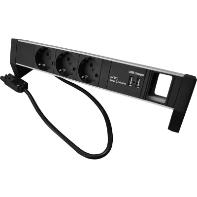Afbeelding van Plenty desktop stekkerdoos met Prolink installatiestekker en 3 contacten, 2x USB A 1 module opening / zwart/zilver 0,60 meter