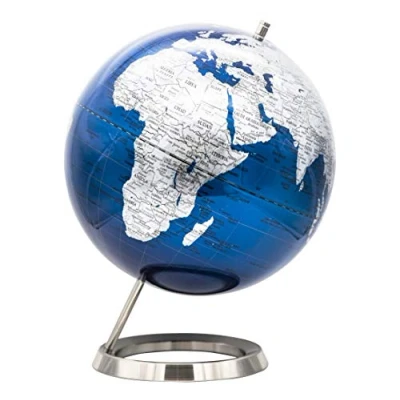 Afbeelding van EXERZ 25 cm Wereldbol/globus roestvrijstalen ringstaand, verpakking in Premier Kraft doos, perfect voor cadeau metallic blauw