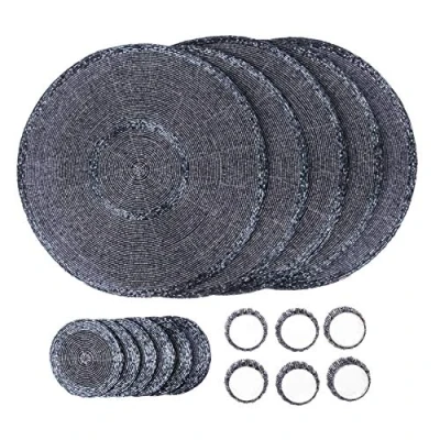Afbeelding van Penguin Home® Set van 18 glazen kralen Placemats, onderzetters en servetringen grijs houtskool kleur ronde Placemats handgemaakt door bekwame Indiase ambachtslieden Diameter 32 cm (13&quot;)