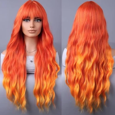 Afbeelding van YEESHEDO Damespruik, lang, krullend, vurig oranje, pruiken voor vrouwen, met pony, natuurlijke lange krullen, anime, cosplay, Halloween, 71 cm (oranje)
