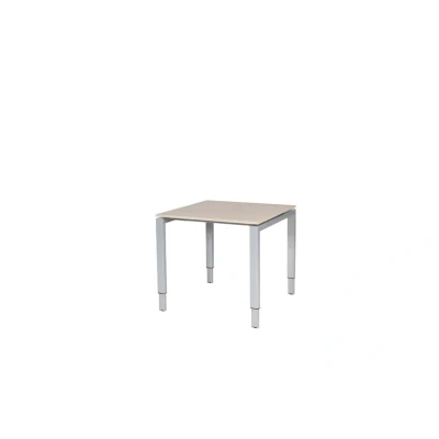 Afbeelding van Domino bureau, hoogte instelbaar (62 85cm) met 80x80cm &#039;zwevend&#039; lindberg (licht) eiken 25mm blad en aluminium (RAL9006) N poot frame.