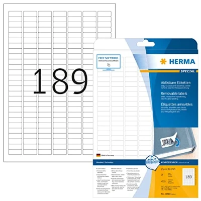 Afbeelding van HERMA 10001 universele etiketten A4 afneembaar (25,4 x 10 mm, 25 velles, papier, mat) zelfklevend, bedrukbaar, verwijderbaar en opnieuw klevende etiketten, 4.725 voor printer, wit