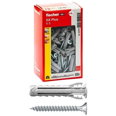 Afbeelding van Fischer 100 x pluggen SX Plus met schroef 6 30 mm voor volledige muur, gatenbaksteen, metselwerk, beton, het bevestigen van kroonluchters, meubels, wandkasten, rekken, 567621