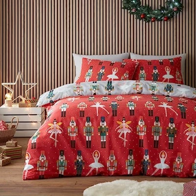 Afbeelding van Fusion Rode Kerst notenkraker Dekbedovertrek kingsize beddengoed maat (230 x 220 cm) Ballerina Omkeerbaar ontwerp (grijs en rood) set met 2x