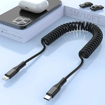 Afbeelding van Opgerolde Kabel USB C Naar Lightning [MFi Gecertificeerd En CarPlay Compatibel],Kabel Bliksemsnelle Gegevensoverdracht Compatibel Met iPhone 13 Pro Max/13/12/11 Pro/11/X/8 Pad/7/6/5