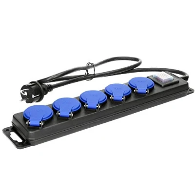 Afbeelding van Heavy duty Outdoor stekkerdoos voor buiten 5 voudig IP44 Stof &amp; spatwaterdicht Aan/uit schakelaar Kabellengte meter Verlengsnoer met verdeelblok Zwart