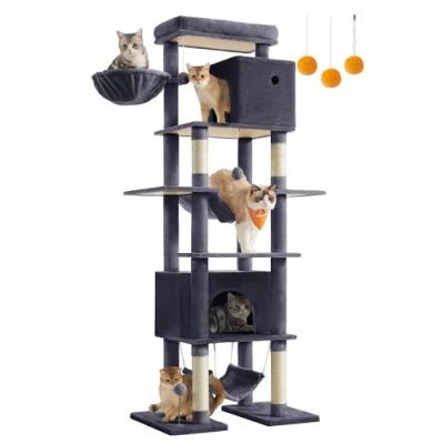 Afbeelding van Feandrea grote krabpaal, XXL kattenkrabpaal met meerdere verdiepingen, 201 cm hoog, platform, ligstoel, 2 kattengrotten, hangmatten, kantelbescherming, donkergrijs PCT195G02