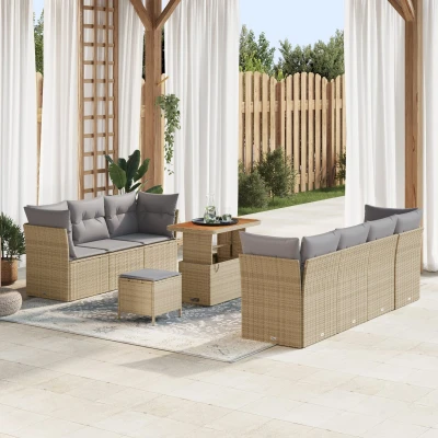 Afbeelding van vidaXL 10 delige Tuin Sofa Set met Kussens Beige Poly Riet Acacia, 3 Eetset Acacia