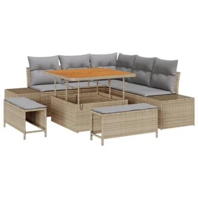 Afbeelding van vidaXL 8 Delige Tuin Sofaset met Kussens Beige Poly Rattan Acacia, 2 Zits Sofa Rattan, 3 Eetset Acacia