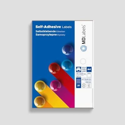 Afbeelding van MDlabels Universele etiketten DIN A4 zelfklevende etiketten, bedrukbaar, wit (70 x 42,4 mm, 2100 op 100 vellen)