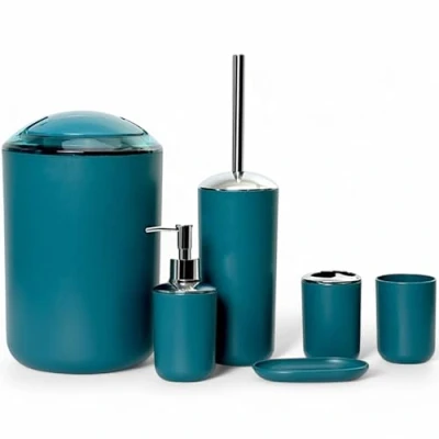 Afbeelding van GMMH Badset, 6 delig, diverse badkameraccessoires, met zeepdispenser en wc borstel (donker turquoise ontwerp 3)