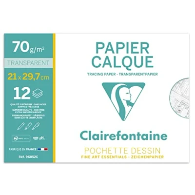 Afbeelding van Clairefontaine Ref 96852C Traceerpapier (12 vellen) A4 formaat, 70/75g, hoge transparantie, glad oppervlak, zuurvrij, afdrukbaar Geschikt voor inkt, marker en potlood