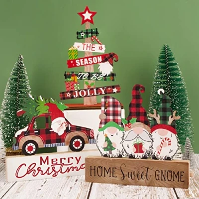 Afbeelding van COLOFALLA 3 stuks kersttafeldecoraties, hout, tafelversiering, kabouter, kerstdecoratie, tafeldecoratie, kerstboom, kerstman, handwerk, huis, binnen (B)