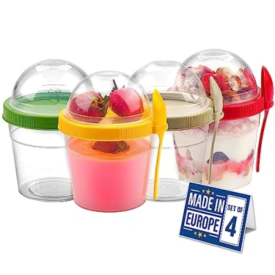 Afbeelding van Herbruikbare yoghurtpot, set van 4, 500 ml, 100% BPA vrij, ontbijtcontainer, ontbijtpotten, vaatwasmachinebestendig, pap container, yoghurtpotten met schroefdeksels, mueslipotten