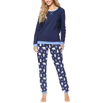 Afbeelding van Merry Style MS MS10 168 PJ Dames Pyjama ronde hals lange mouwen broek met zakken Katoen Donkerblauwe/Beer 2 S