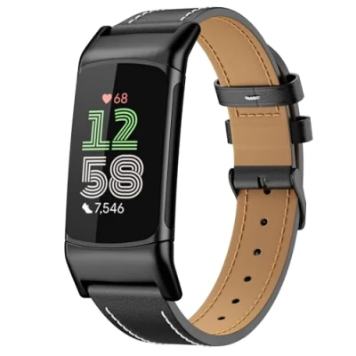 Afbeelding van MoKo Leather Strap Compatible with Fitbit Charge 6/Fitbit 5 for Women Men, Genuine Watch Band Replacement Wristband, Black