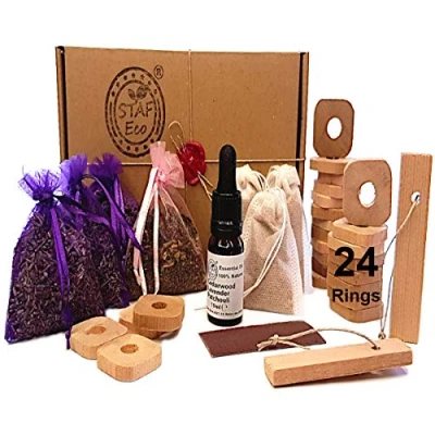 Afbeelding van STAFECO® Mottenafstotend middel voor kledingkasten, cederhout, 3 lavendelzakjes, 1 patchouli zakje, natuurlijk 24 ringen, insectenwerend 100% (groot C)