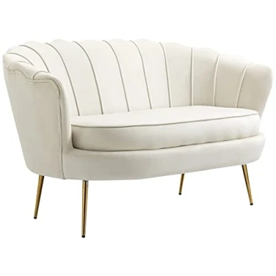 Afbeelding van HOMCOM 2 zitsbank, gestoffeerde bank, loveseat met armleuning, fluweel, tot 150 kg belastbaar, voor woonkamer, slaapkamer, 130 x 77 cm, crème