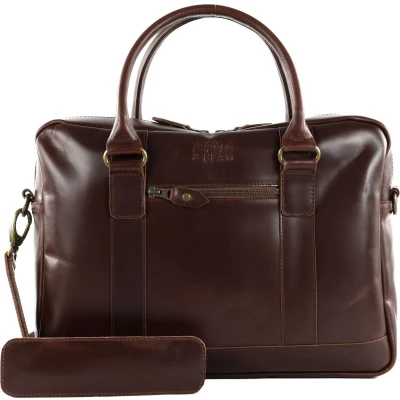 Afbeelding van BUCKLE &amp; SEAM Leren Business tas Laptoptas met laptopvak Everett New Stripes Bag Brown Donkerbruin
