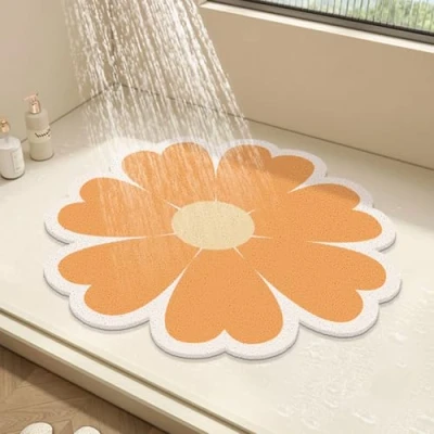Afbeelding van Ronde douchemat, bloembadmat voor binnendouche, PVC loofah badkamer vloermat, antislip badmat antischimmel douchemat met afvoer, sneldrogend (oranje, 60 x cm)