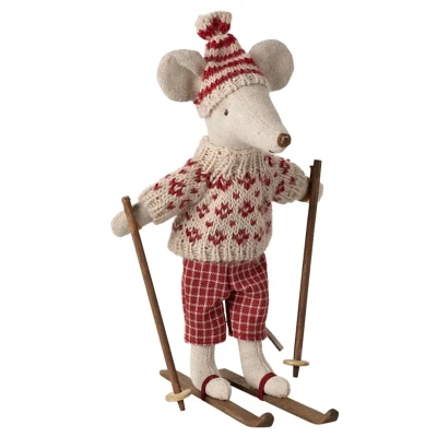 Afbeelding van Maileg knuffelmuis moeder op ski&#039;s red 15 cm