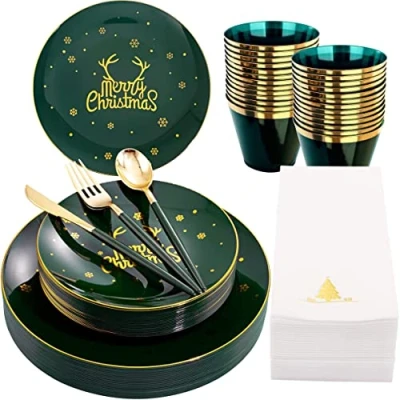 Afbeelding van KAHEIGN 175 stuks herbruikbaar kerstservies set, groen plastic servies met gouden rand 25 dinerborden, slaborden, messen, vorken, lepels, servetten voor gasten kerstfeest