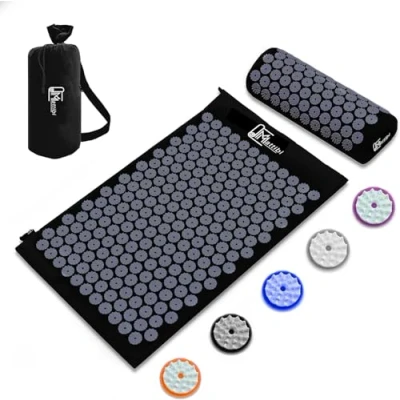 Afbeelding van acupressuurmat en acupressuurkussen voor massage pijnverlichting, acupressuurset ontspanning, stimulatie meditatie, (zwart)