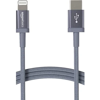 Afbeelding van Amazon Basics USB A naar Lightning oplaadkabel, nylon gevlochten snoer, MFi gecertificeerde oplader voor Apple iPhone 14, 13, 12, 11, X, Xs Pro, Pro Max, Plus, iPad, 1,8 m, donkergrijs