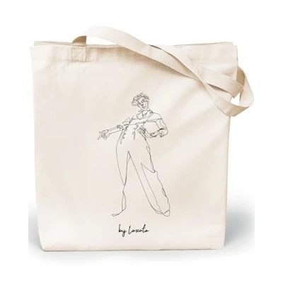 Afbeelding van Loxato stoffen tas bedrukt, tas, katoenen 35 x 42 8 cm (b h 8), draagtas, canvasstof 220 g/m2, jute boodschappentas lang handvat 70 cm, boodschappentas, dansen harry handgetekend