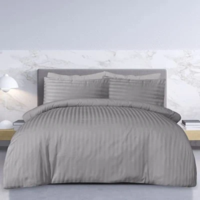 Afbeelding van Sleepdown Premium hotelkwaliteit 100% katoen satijnen streep dekbedovertrek set met kussenslopen dekbed beddengoed zacht, onderhoudsvriendelijk luxe grijs dubbel (200 cm x 200 cm)