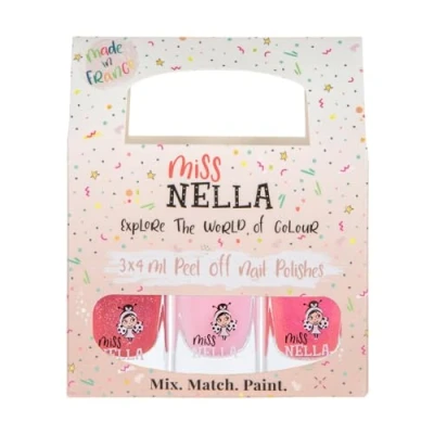 Afbeelding van Miss Nella Pink Glitter Attack nagellakverpakking met 3 verwijderbare geurneutrale, op water gebaseerde en veilig voor kinderen Tickle Me Pink, Cheeky Bunny &amp; Sugar Hugs.