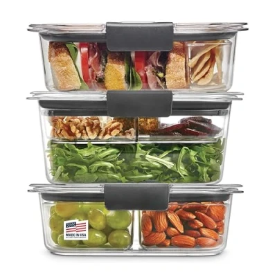 Afbeelding van Rubbermaid 2108371 Lekvrije Brilliance voedselopslag, 12 delige plastic containers met deksels Bento Box stijl broodjes en saladeset, helder, grijs