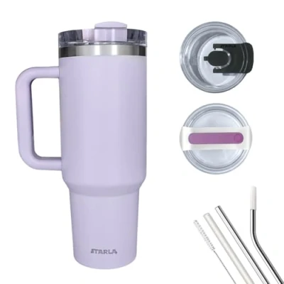 Afbeelding van Starla Thermosbeker met rietje en handvat, 1,2 l, groot, 2 deksels, lekvrij, roestvrijstalen isolatiebeker, koffiebeker, to go, waterbeker, drankbeker, reisbeker, drinkbeker S lavendel