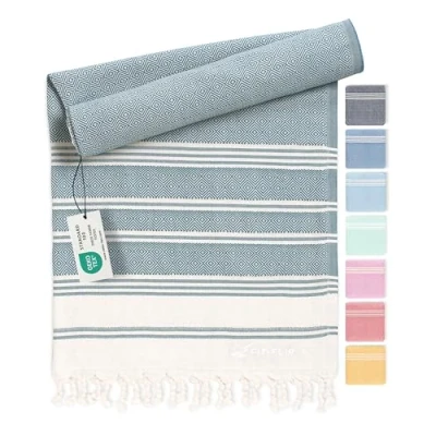 Afbeelding van Fit Flip Hamamdoek Strandhanddoek XXL van 100% gerecycled katoen sneldrogend strandlaken, fouta, pestemal Turkse handdoek ideaal als hamam saunahanddoek en sarong Petrol 100x200cm Diamond