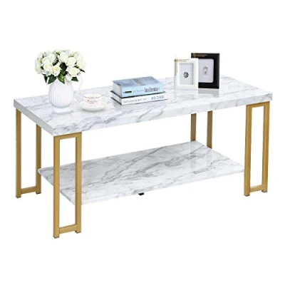 Afbeelding van COSTWAY Salontafel in marmerlook, bijzettafel met plank, gouden salontafel, moderne koffietafel, woonkamertafel (rechthoekig, 100 x 49,5 45 cm)
