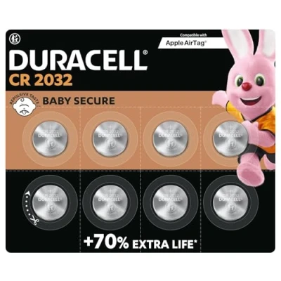 Afbeelding van Duracell CR2032 Lithium knoopcelbatterijen 3V (8 stuks) Gaan tot 70% Langer Mee Babyveilige Technologie Aanbevolen voor Gebruik in Apple AirTag Verpakking