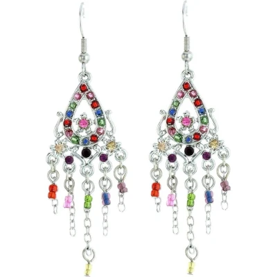 Afbeelding van Behave Zilverkleurige oorbellen met druppelvormige hanger en multi color steentjes