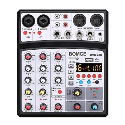 Afbeelding van BOMGE DJ audio mengpaneel, 4 kanaals 16 DSP echo, geluidsinterface, mengconsole, karaoke, met MP3, USB, Bluetooth, stereo opname, 48 V fantoomvoeding 04D zwart