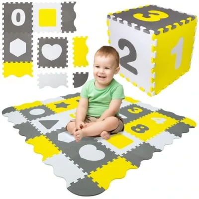 Afbeelding van Humbi puzzelmat Eva foam voor baby&#039;s en kinderen speelmat fitnessmat beschermmat zwembadmat 31,5 x 1 cm 34 stuks vormen kleur (Grijs, wit, geel)