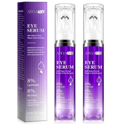 Afbeelding van Oogserum voor donkere kringen en wallen met 8% cafeïne retinol hyaluronniacinamide, anti aging wallen, 360 oogroller massagebal vrouwen mannen (15 ml (Pak van 2))