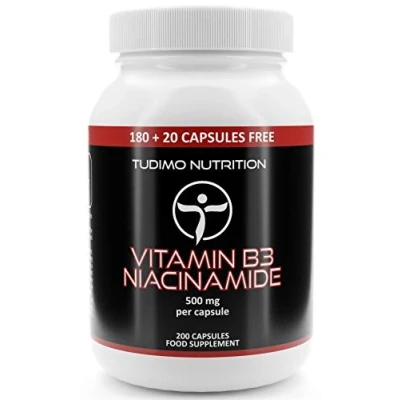 Afbeelding van Vitamine B3 500 mg Flush Free Nicotinamide Capsules 200 st. (6+ Maanden Voorraad) van Snelle Desintegrerende elk met 500mg Premium Kwaliteit non flushing Niacinamide vorm Poeder