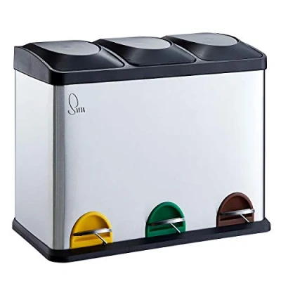 Afbeelding van SVITA TC3X15 Pedaalemmer, roestvrij staal, 45 liter, zilver, 3 x 15 l, drievoudige afvalemmer, delige vuilnisemmer, afvalscheiding, keukenemmer