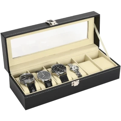 Afbeelding van Dyaucwpo Horlogebox met 6 compartimenten, Horlogekast uitneembare horlogekussentjes, glazen deksel, Horlogebox, Horloge opbergdoos Cadeau idee voor verjaardag Vaderdag Kerstmis Zwart