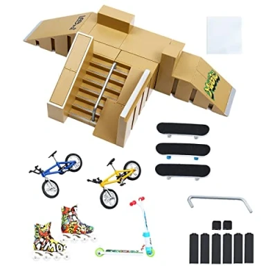Afbeelding van IOUGDSEC Skate Park Kit, Kit Helling Onderdelen voor Vinger Skateboard Deel Training Rekwisieten met 3 Decks 2 Bike Skates Scooters