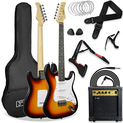 Afbeelding van 3rd Avenue XF 4/4 formaat elektrische gitaar, ultieme kit met 10W versterker, kabel, statief, gigbag, gitaarband, reservesnaren, plectrums, capo sunburst